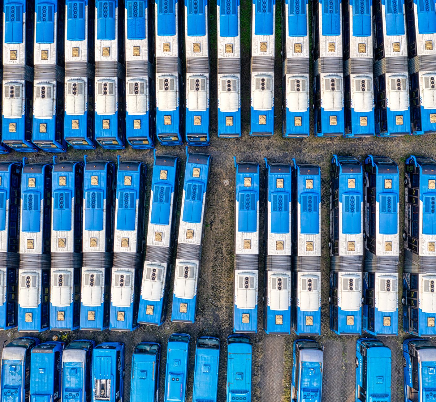 Aerial view of a truck fleet yard showing logistics scale